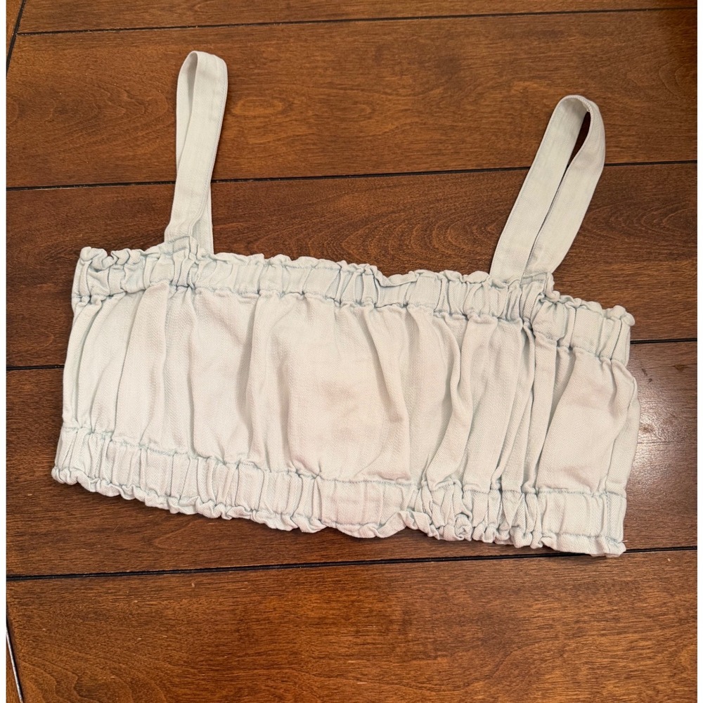 Weekend Los Angeles Ruched Denim Crop Top Glacier Mineral Wash Tencel XL NEW